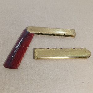 2pc Stratton England Folding Pocket Comb Set Gold-Tone Case 1 Tooth Missing